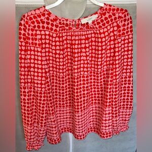 LOFT pink & red heart printed blouse Size Large Petite LP bunched cuffs